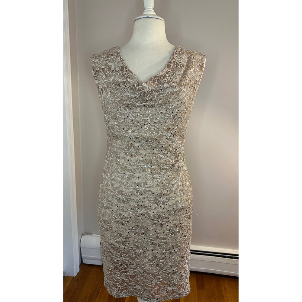 Dressbarn Size 6 Champagne Lace Sequin Cowl Neck Cocktail Dress
